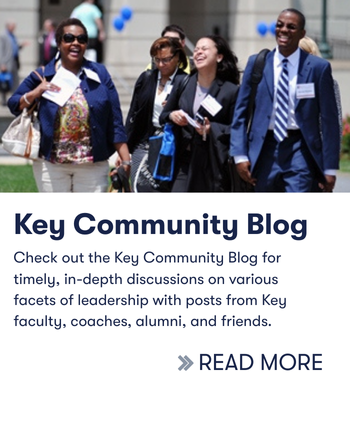 Photo of Key students walking together and laughing. Below it read "Key Community Blog. Check out the Key Community Blog for timely, in-depth discussions on various facets of leadership with posts from key faculty, coaches, alumni, and friends. Read more"