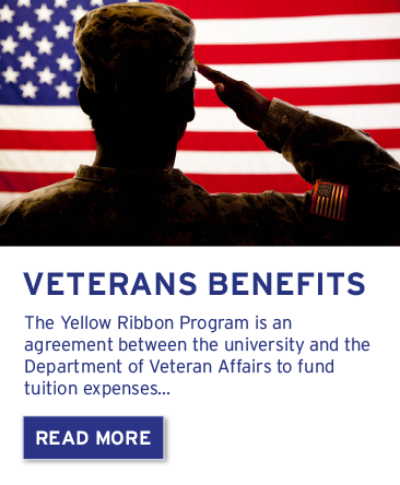 soldier salute toward American flag on the top half with bottom half text saying "Veteran Benefits" and brief description of Yellow Ribbon Program