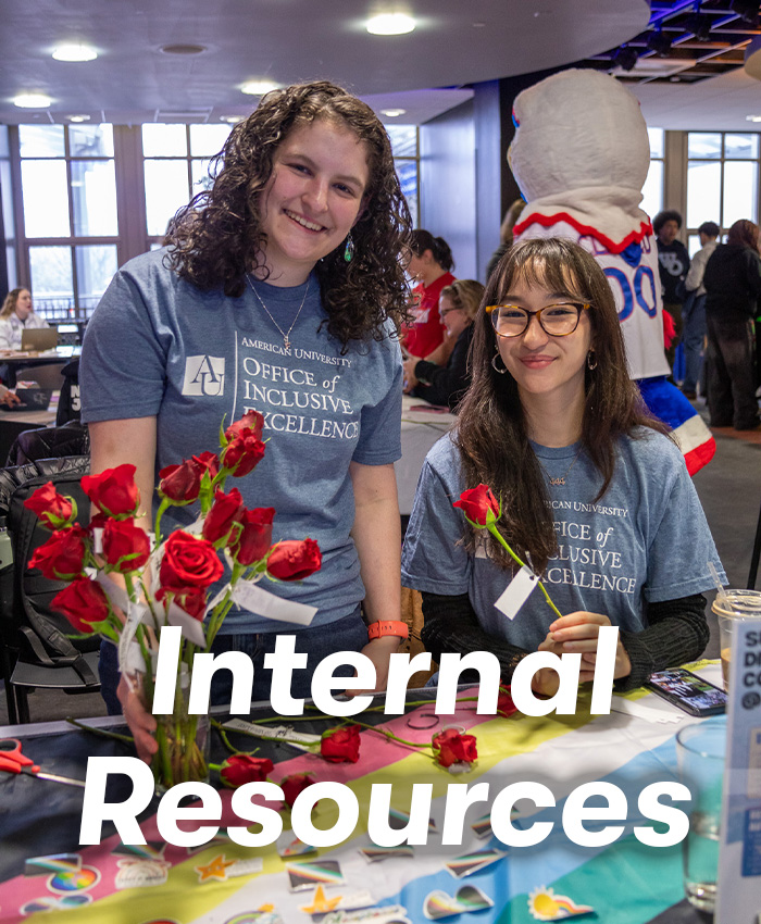 Text reads: Internal Resource. The text is on top of a photo of two students smiling at a table with the disability flag as a table cloth. They are holding roses.