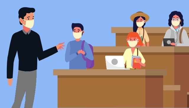 professor and students masked in classroom