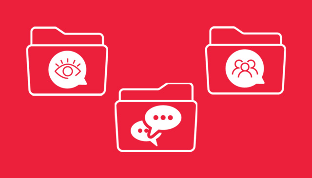 On a red background, there are three white folders. One has an eye icon, one has conversation bubbles, one has icons of people.