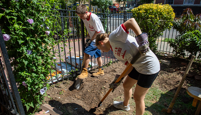 Two students dig in a garden.
