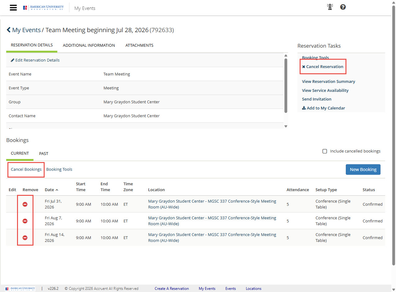 Screenshot of EMS Cancel Office Reservation or Bookings page