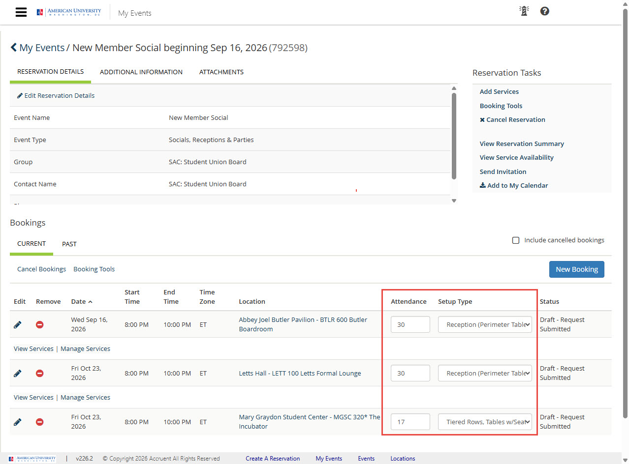 Screenshot of EMS Edit Booking page with red square around the attendance and setup fields