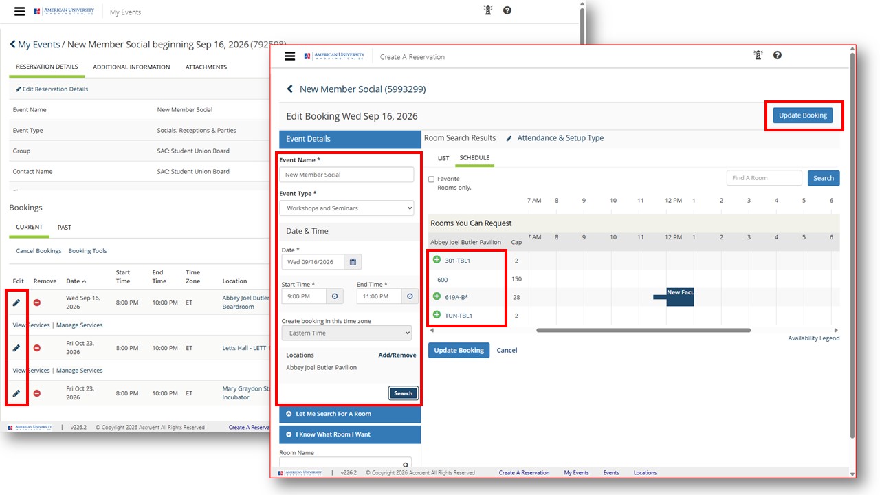 Screenshot of EMS Edit Date Time and Location Search pages