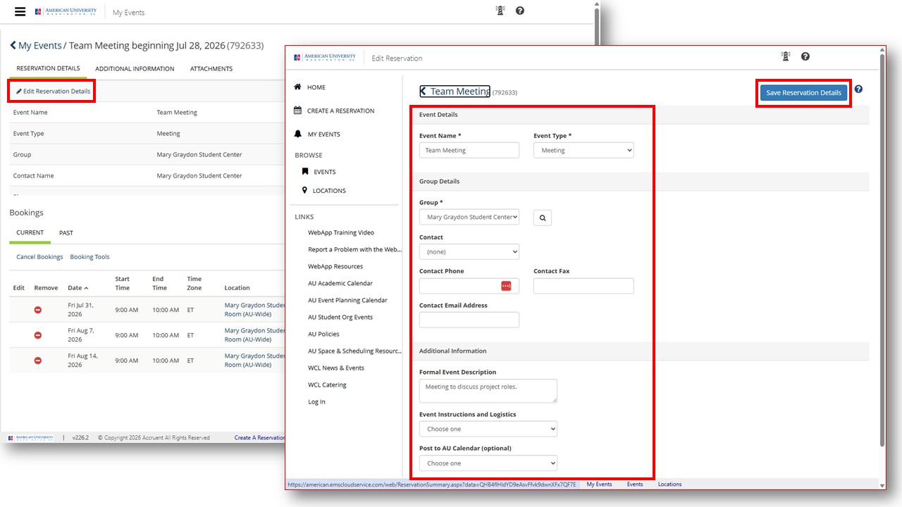 screenshot of EMS Edit Office Reservation