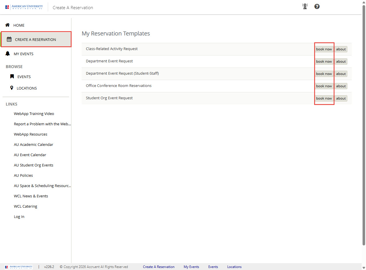 Screenshot of EMS Reservation Template page