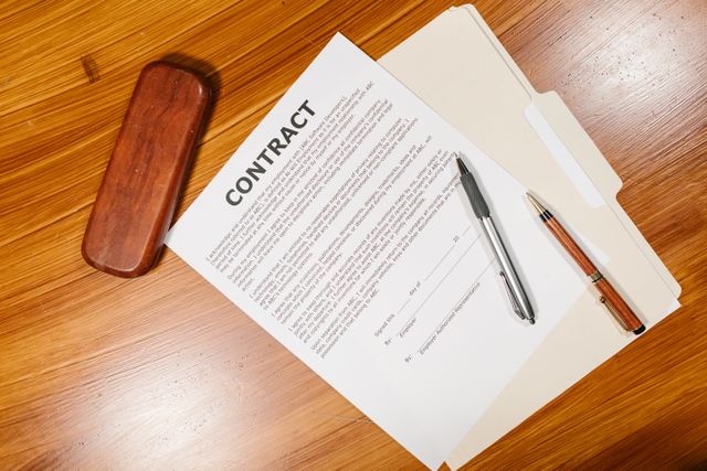 Paper Contract A close-up view of a person's hand signing a business contract on a desk with a pen