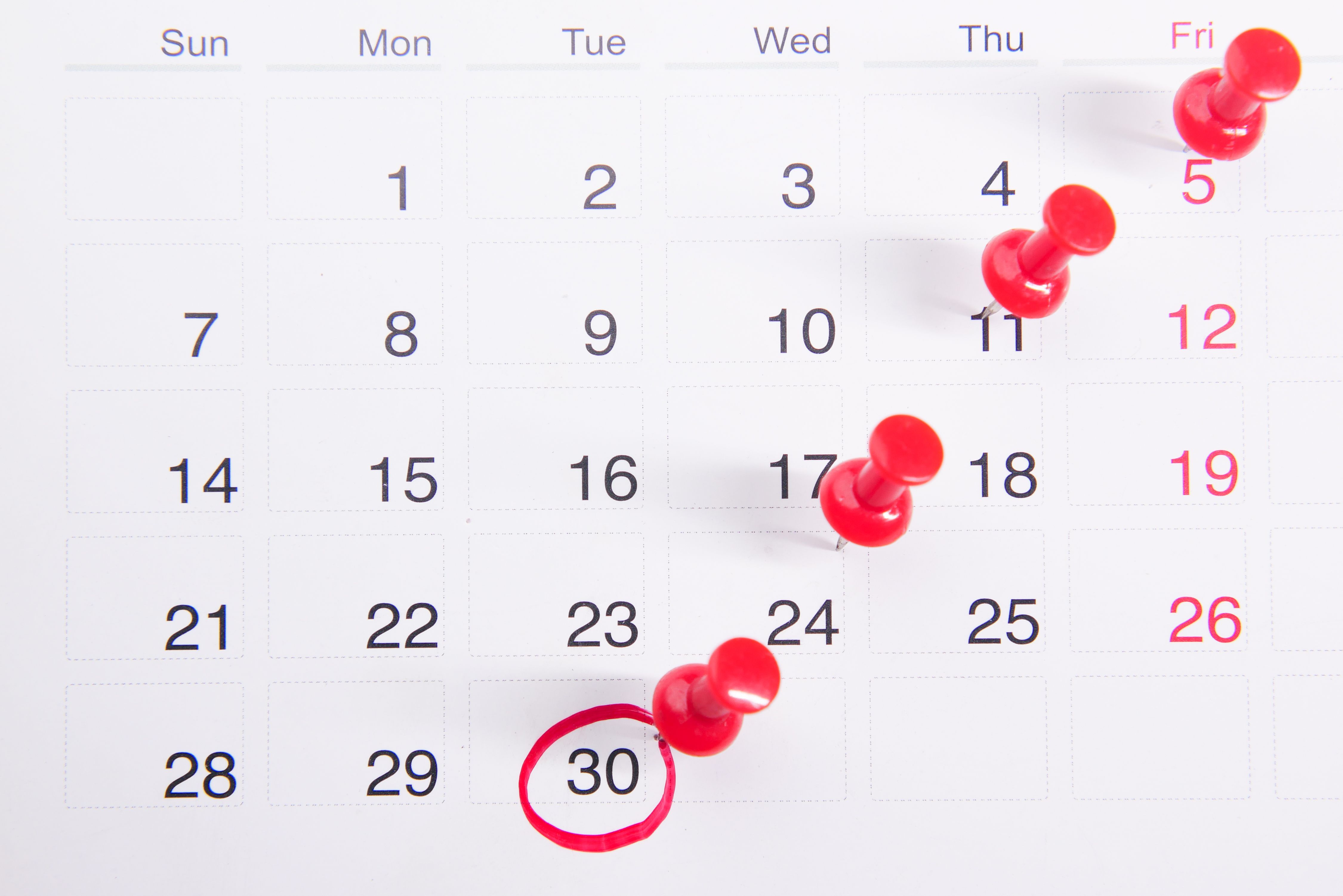 Close-up of a calendar with red push pins marking important dates, emphasizing deadline