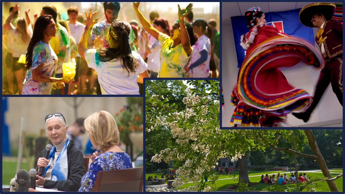 Collage of event photos - student in a Holli festival, Jane Gooddall, students in traditional Mexican clothing dancing, and students sitting on the quad