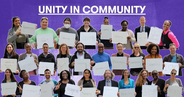 Mosaic of staff holding signs