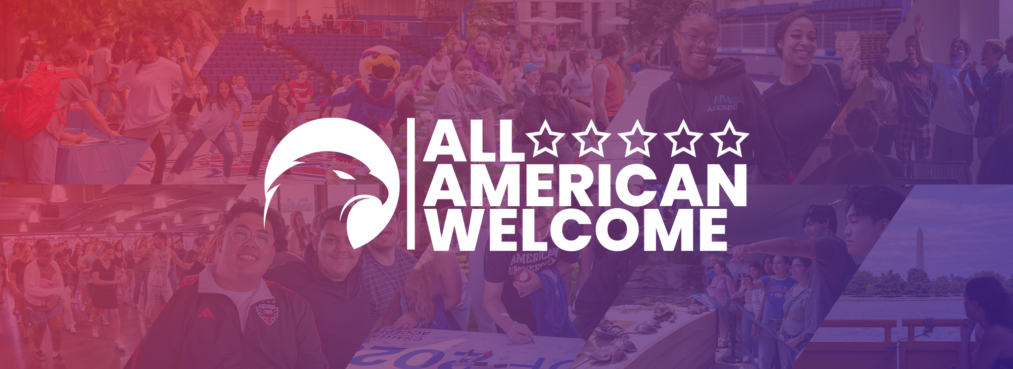 All-American Welcome logo featuring an Eagle's head and stars on top of a collage of images of students on campus.