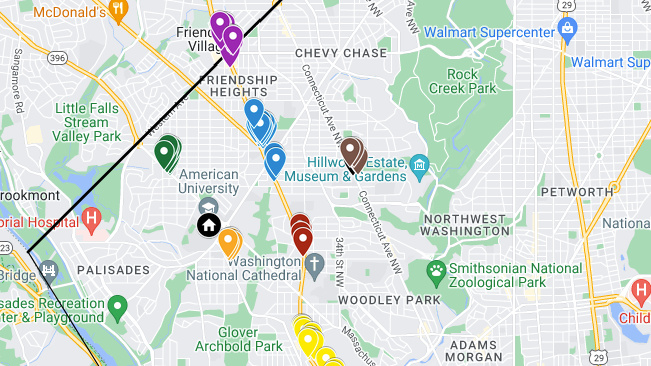 Close up of a Google Map showing American University