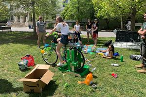 Junior Sarah Gruesser tests out a newly built
smoothie bike