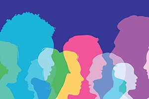 Blue, pink, yellow, and purple faces with a darker blue backdrop.