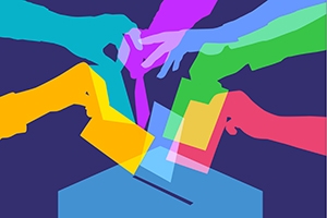 Colorful silhouettes of hands grasping ballots, positioned to place them in a collection box.