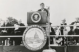 John F. Kennedy giving his famous commencement address at AU in 1963.