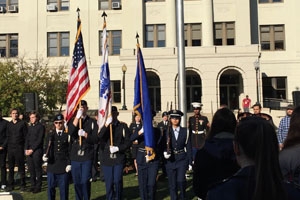 Soldiers standing on the Quad in front of Mary Graydon Student Center, for Veterans Day celebration.