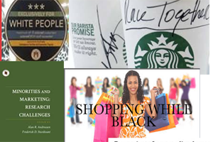 Collage showing Starbucks cup, black people shopping