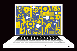 Cartoon laptop with gears and workers on the screen. Credit: Branden Vondrak.