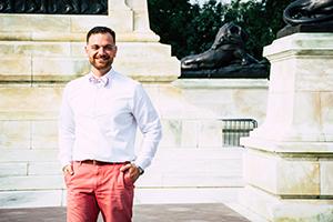 Aaron Killian poses at historic site