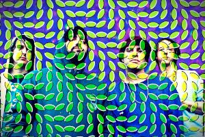 Cover image from the CD Merriweather Post Pavilion showing the band, Animal Collective covered with a mesh of light green lines.