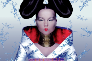 Cover art from Bjork's album Homogenic; Bjork wears a kimono style dress and unusual hairstyle and accessories