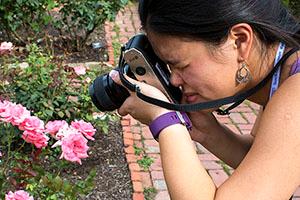 Female student capturing pink flowers on camera