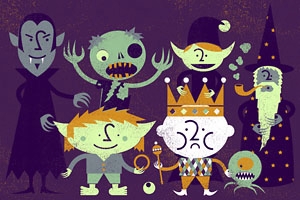 Cartoon vampires, zombies, and wizards