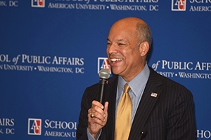 DHS Secretary Jeh Johnson speaks at the School of Public Affairs