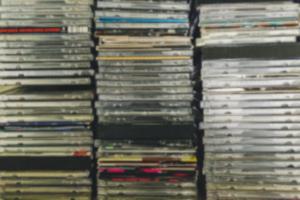 Three stacks of CDs in the Music Library