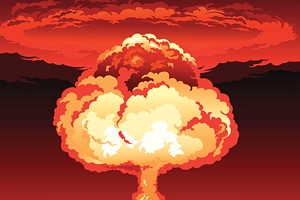 Nuclear explosion mushroom cloud. Yellow and orange fireball. 