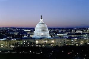 Capital building and DC skyline at dusk