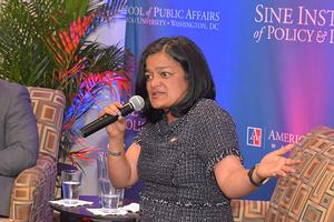 Rep. Jayapal speaks at event