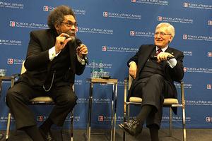 Cornel West and Robert George speaking at event