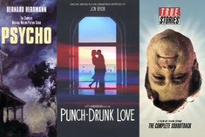 Movie posters from Psycho (spooky house in dusk or fog), Punch Drunk Love (a couple embracing in front of a window) and True Stories (John Goodman's head upside down)