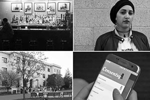 Four photos of a bar, a girl, an American University building and a cell phone