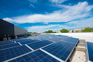 Solar panels on the roof of an AU building.