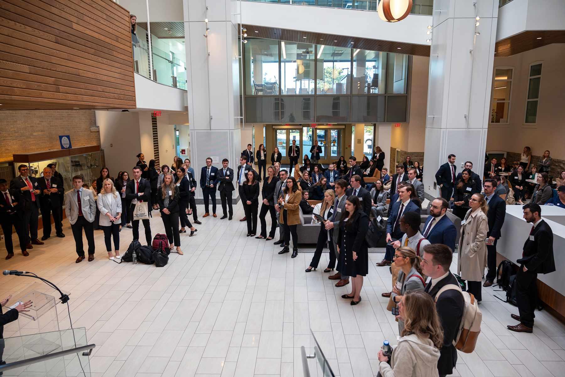 Students listen to opening address at the 29th annual Burton Wechsler First Amendment Moot Court competition. Students listen to opening address at the 29th annual Burton Wechsler First Amendment Moot Court competition.