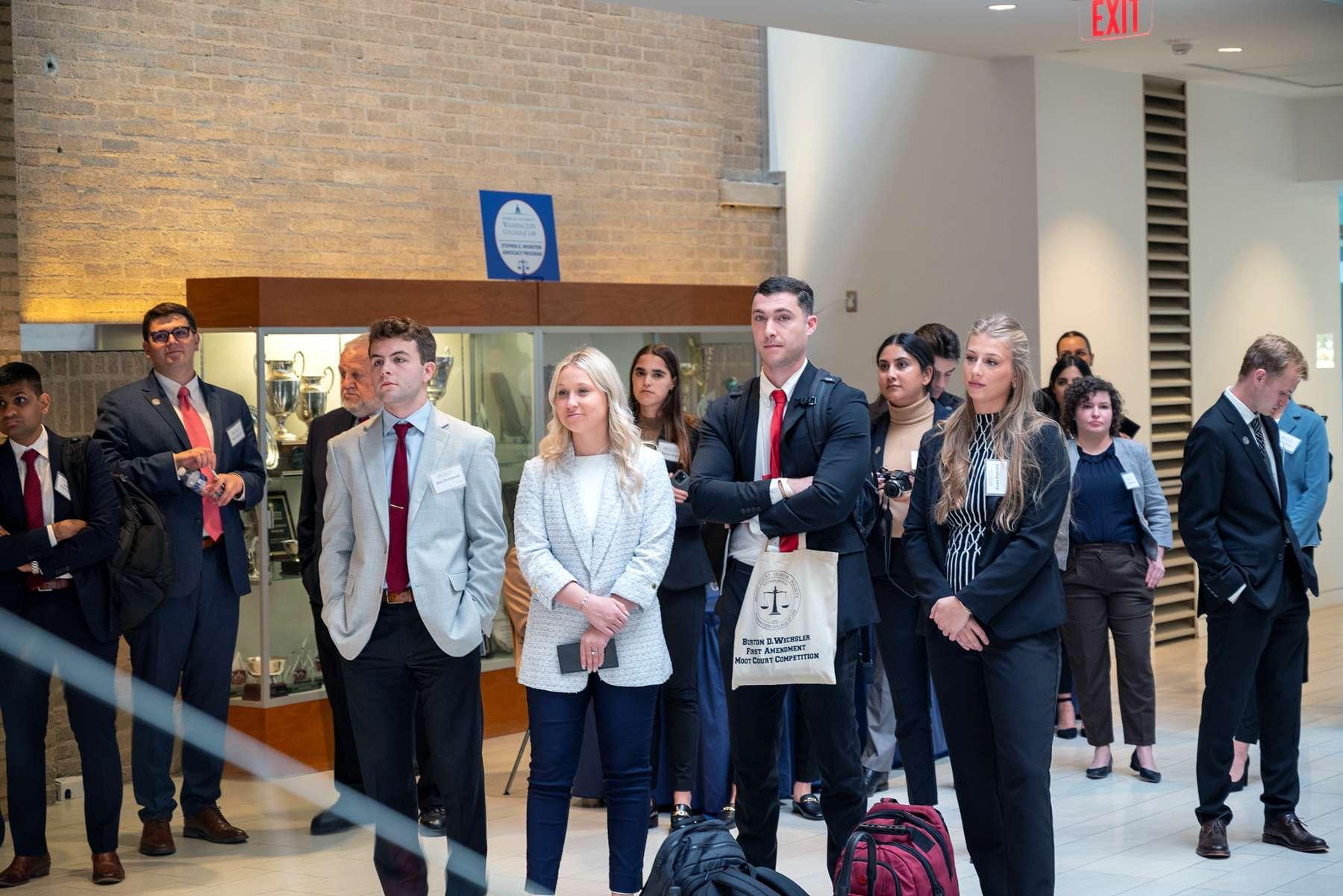 Moot court participants prepare to go to the opening round of arguments. Moot court participants prepare to go to the opening round of arguments.