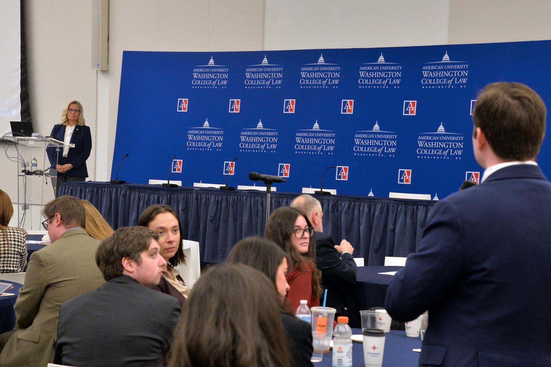 Former Representative Liz Cheney listens intently to one of several questions from the audience, this one from a student. Former Representative Liz Cheney listens intently to one of several questions from the audience, this one from a student.
